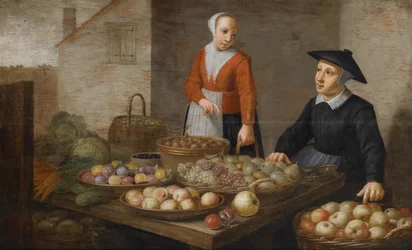 Scène de marché avec deux vendeuses de fruits et légumes